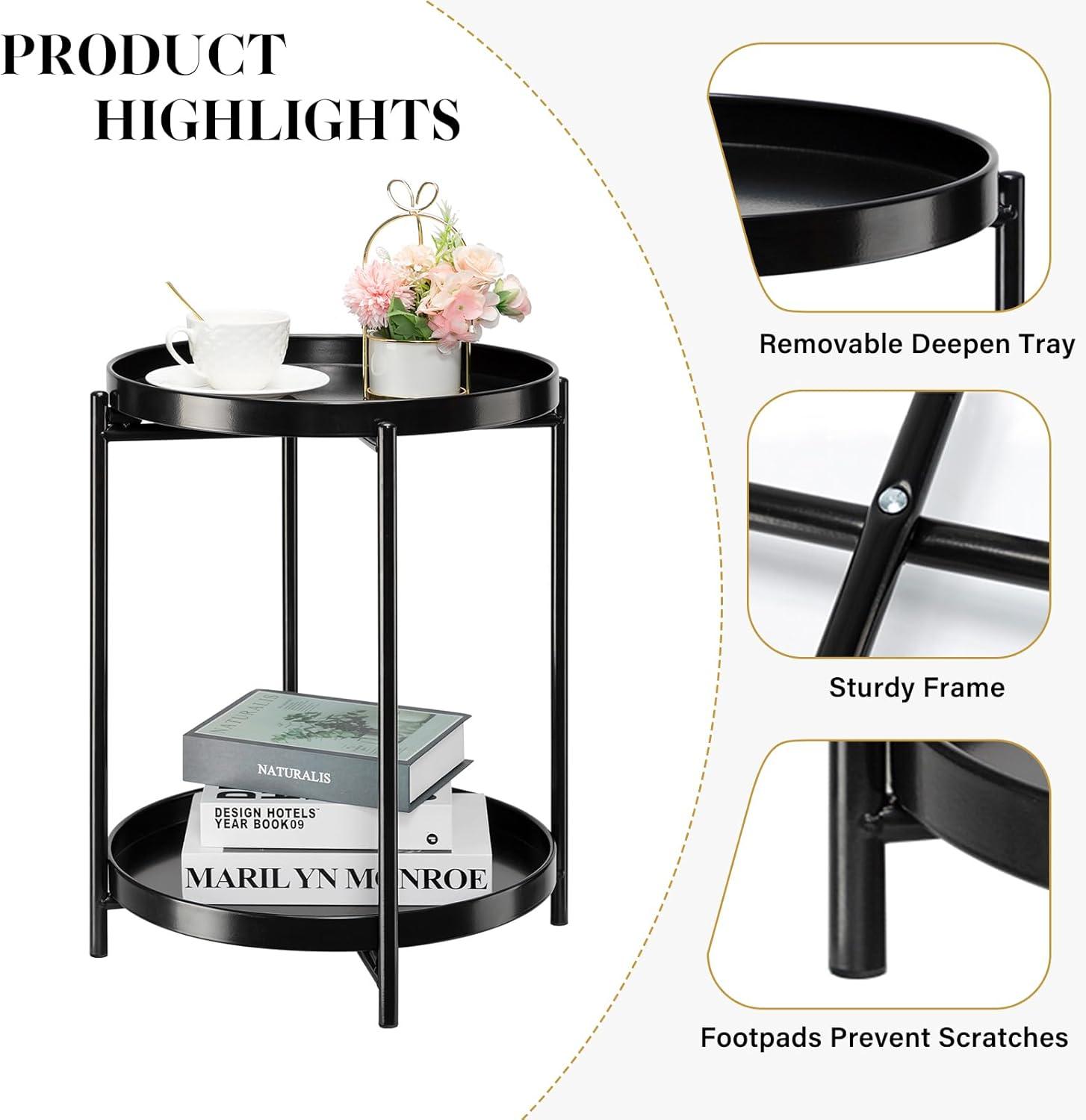 danpinera 2-Tier Round Side Table, Metal End Table with Removable Tray, Small Outdoor Table Accent Table, Anti-Rust Black Nightstand for Bedroom Balcony Patio (Black)