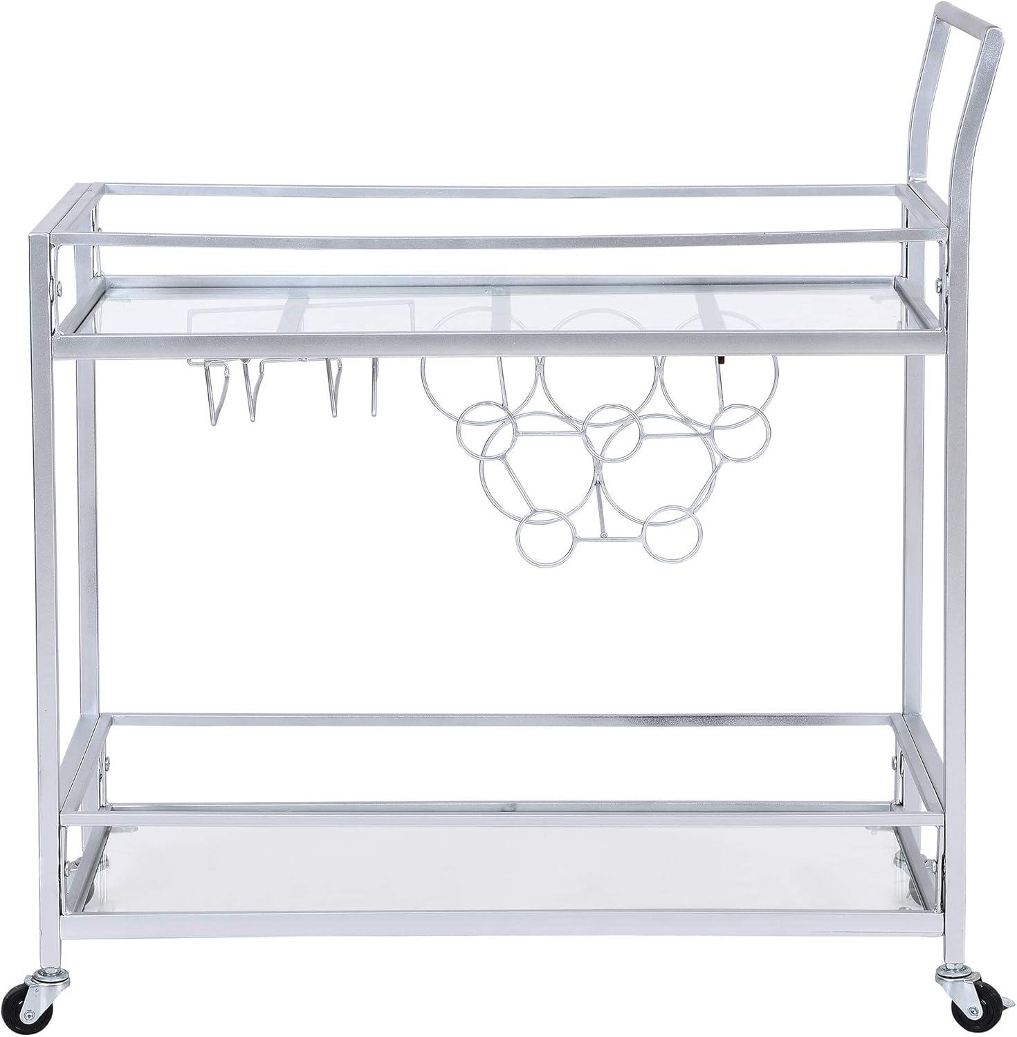 Silver Metal and Glass Bar Cart with Wine Rack