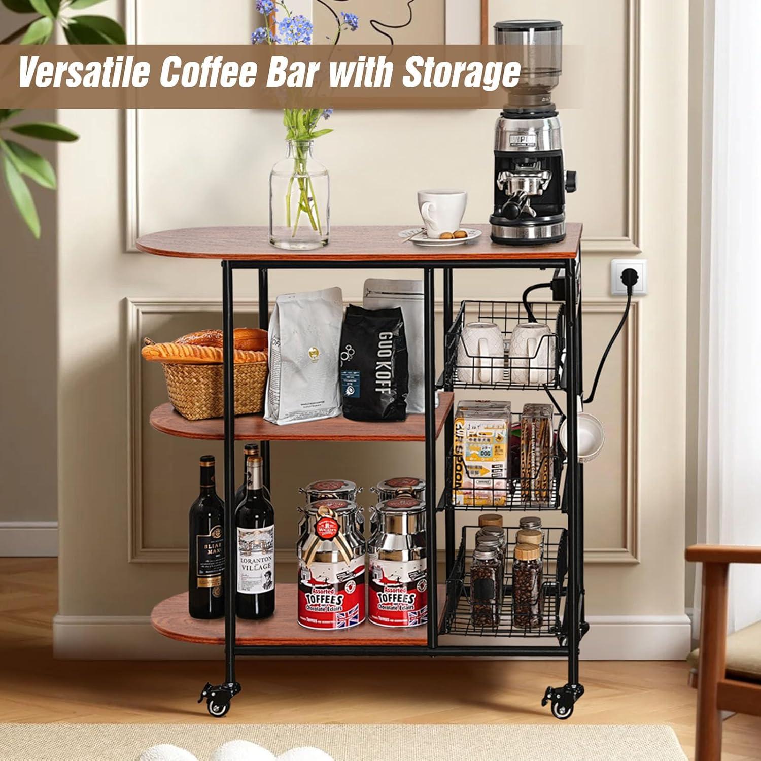 Kitchen Bakers Rack with Power Outlet, Microwave Stand with 3 Pull-Out Fruit Basket Storage, Coffee Bar Carts Table on 4 Wheels, 6 S-Hook Storage Shelf for Spice Rack Organizer Workstation, 33.9 inch