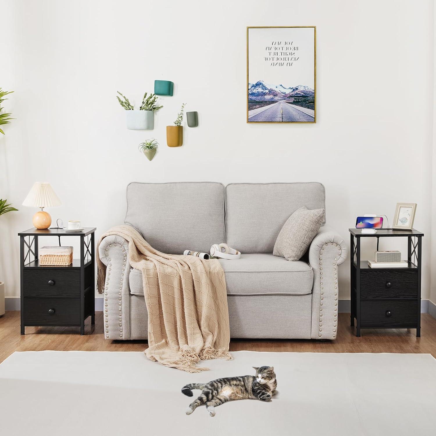 AMHANCIBLE Night Stand Set 2, LED Nightstand with Charging Station, End Tables Living Room with Fabric Drawers, Bedside Table for Bedroom, Black, HET052LBK