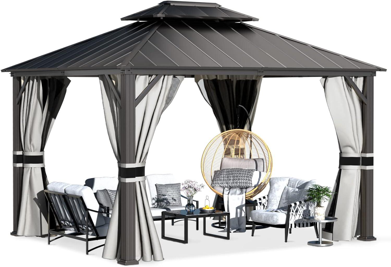 JolyDale 10' x 12' Hardtop Gazebo, Aluminum Frame Permanent Pavilion Double Galvanized Metal Roof with Curtains and Hooks for Garden, Patio, Backyard, Gray