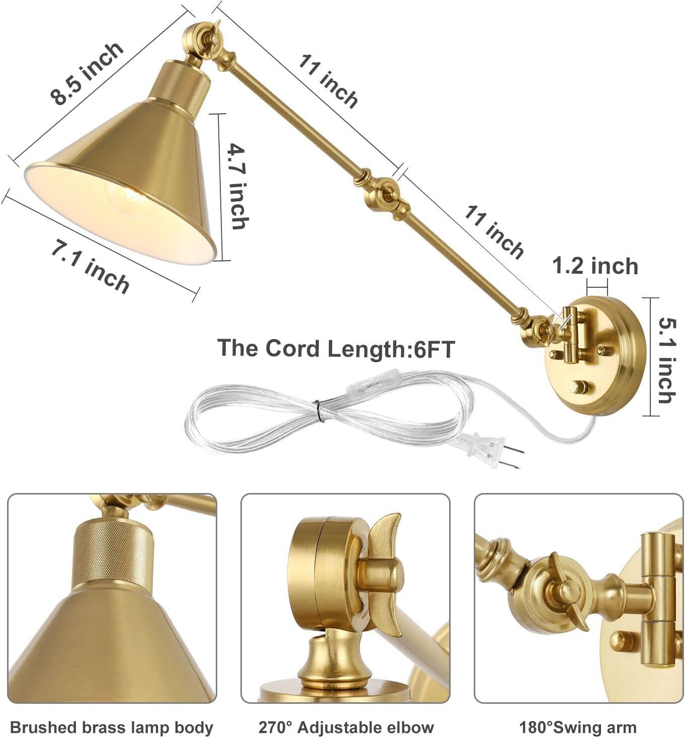 TRLIFE Wall Sconce Plug In, Dimmable Wall Sconce Brushed Brass Swing Arm Wall Lights with Plug in Cord and Dimmer On/Off Knob Switch, Wall Mounted Light for Bedside Bedroom Stairway (1 Pack, 1 Bulb)