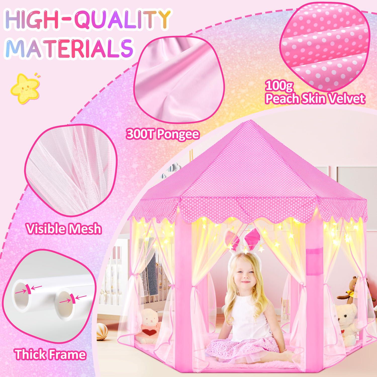 EVOIONOS Princess Tent for Girls, Kids Play Tent with LED Star Lights, Castle Playhouse for Children Indoor Outdoor Games, 55X53 inches, Pink