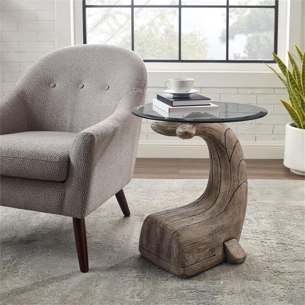 Driftwood Finish Whale Sculptured Glass Top Pedestal Table