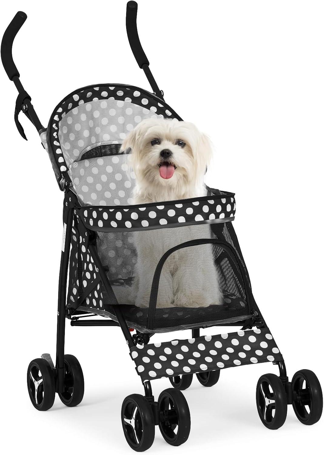 Black and White Polka Dot Foldable Pet Stroller with Mesh Windows