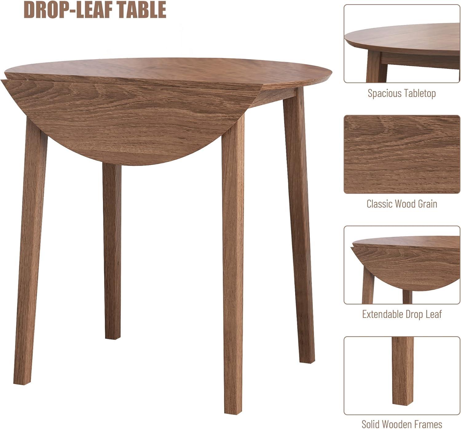 Walnut Rubber Wood Drop-Leaf Dining Table Set with Upholstered Chairs