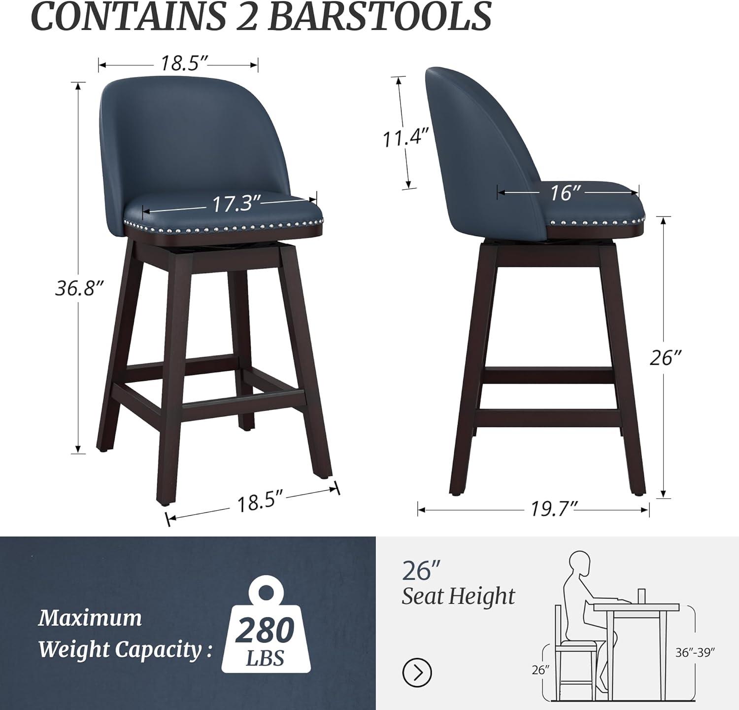 LUE BONA 26'' Swivel Bar Stools Set of 2, Counter Stools with Back & Footrest for Kitchen,Brown