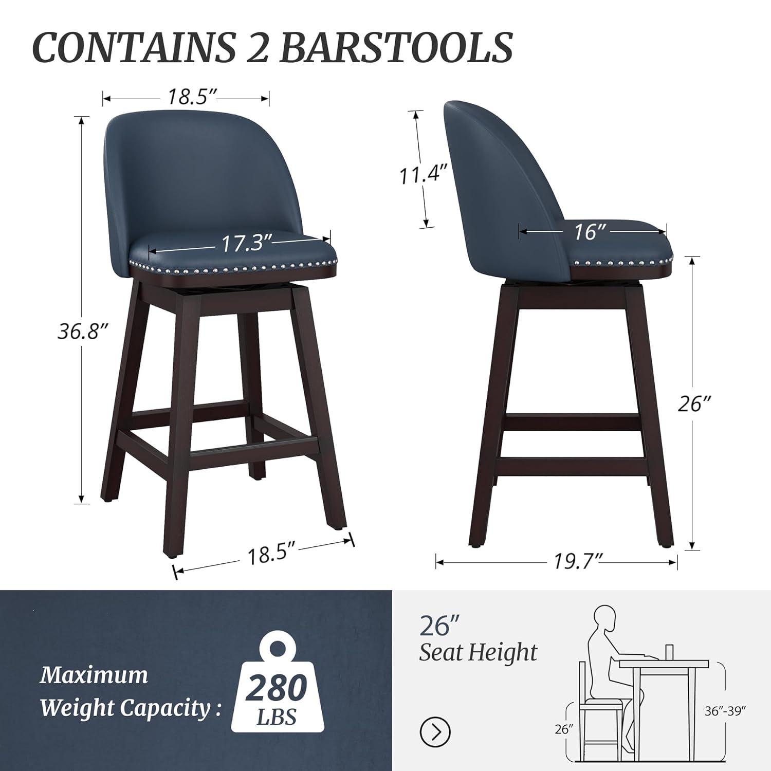 LUE BONA 26'' Swivel Bar Stools Set of 2, Counter Stools with Back & Footrest for Kitchen,Brown