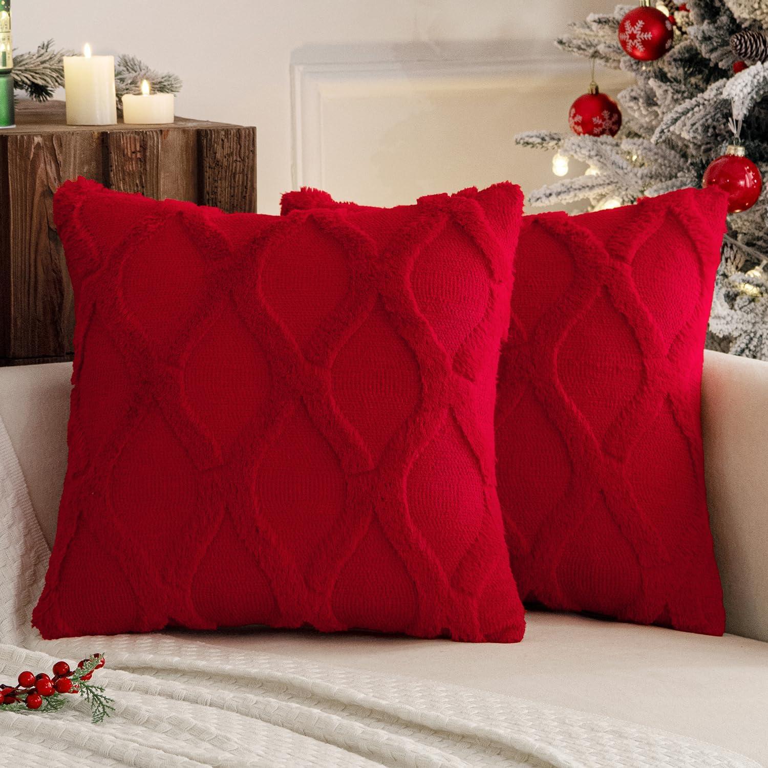 Red Plush Faux Wool Euro Throw Pillow Covers, 18x18 Inch, Set of 2