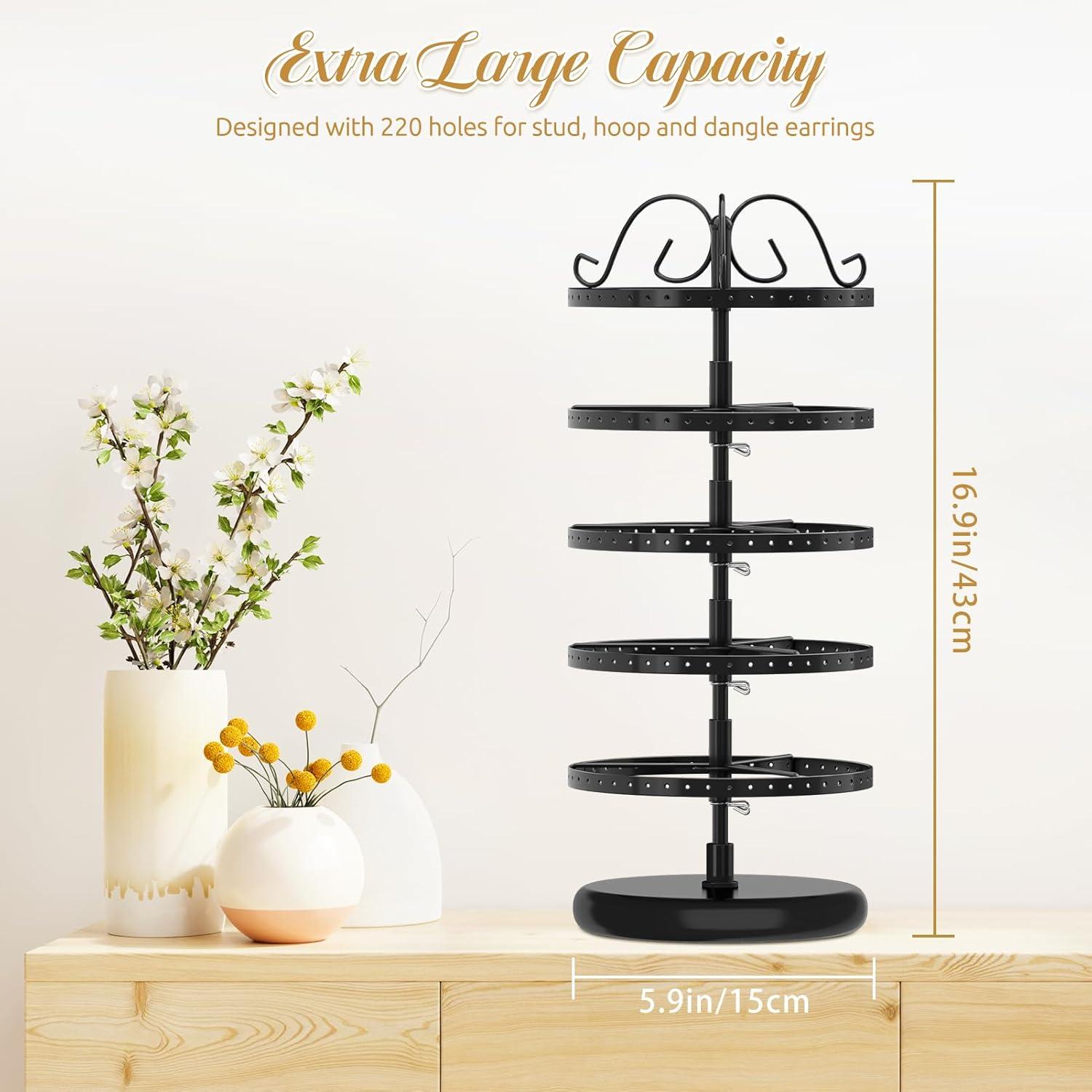 5-Layer Rotating Jewelry Organizer Stand - Effortless Storage & Display for Earrings  Studs & Pendants - Secure  Space-Saving Design in Chic Black/White