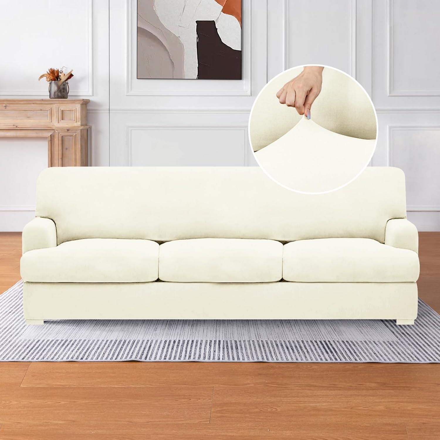 Ivory Stretchable T Cushion Sofa Slipcover Set