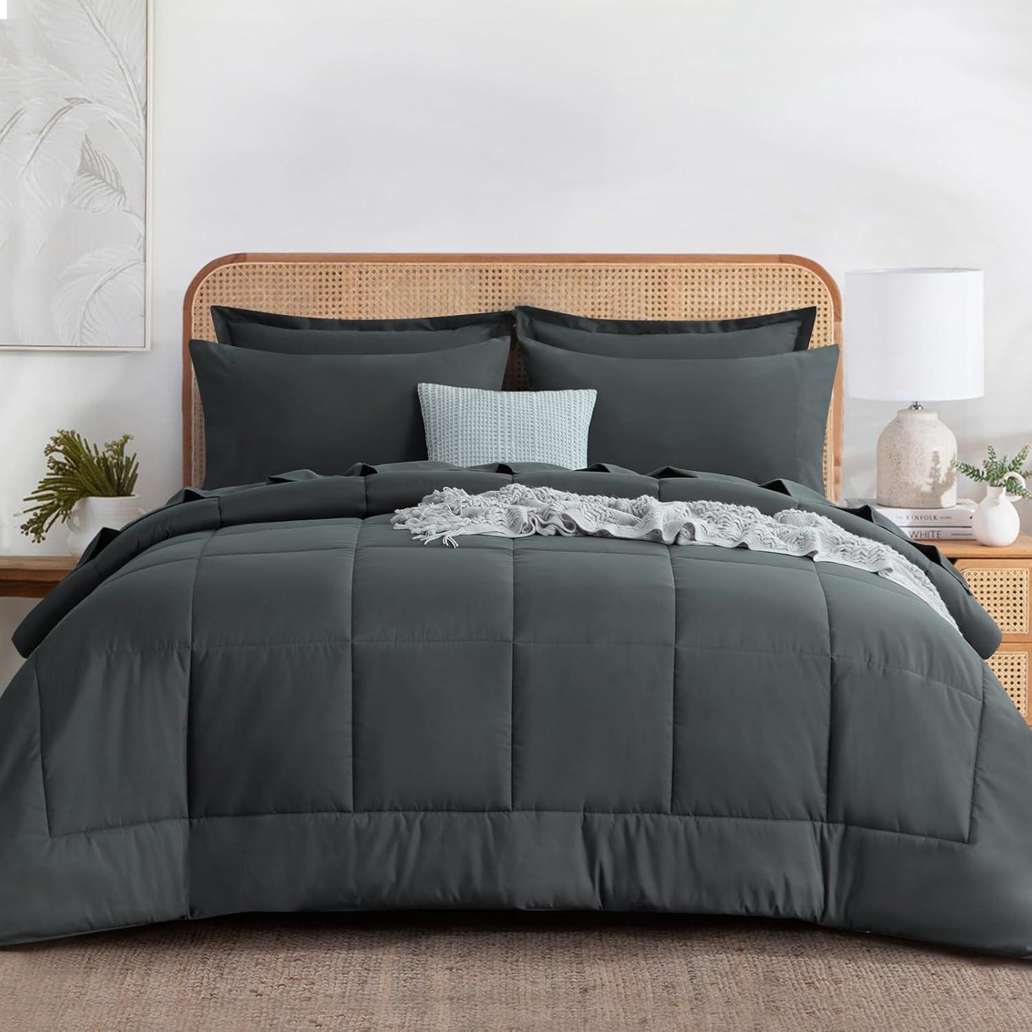 Queen Comforter Set - 7 Pieces Bed in a Bag Set Dark Grey, Bedding Sets Queen with All Season Quilted Comforter, Flat Sheet, Fitted Sheet, Pillowcases, Dark Gray, Queen