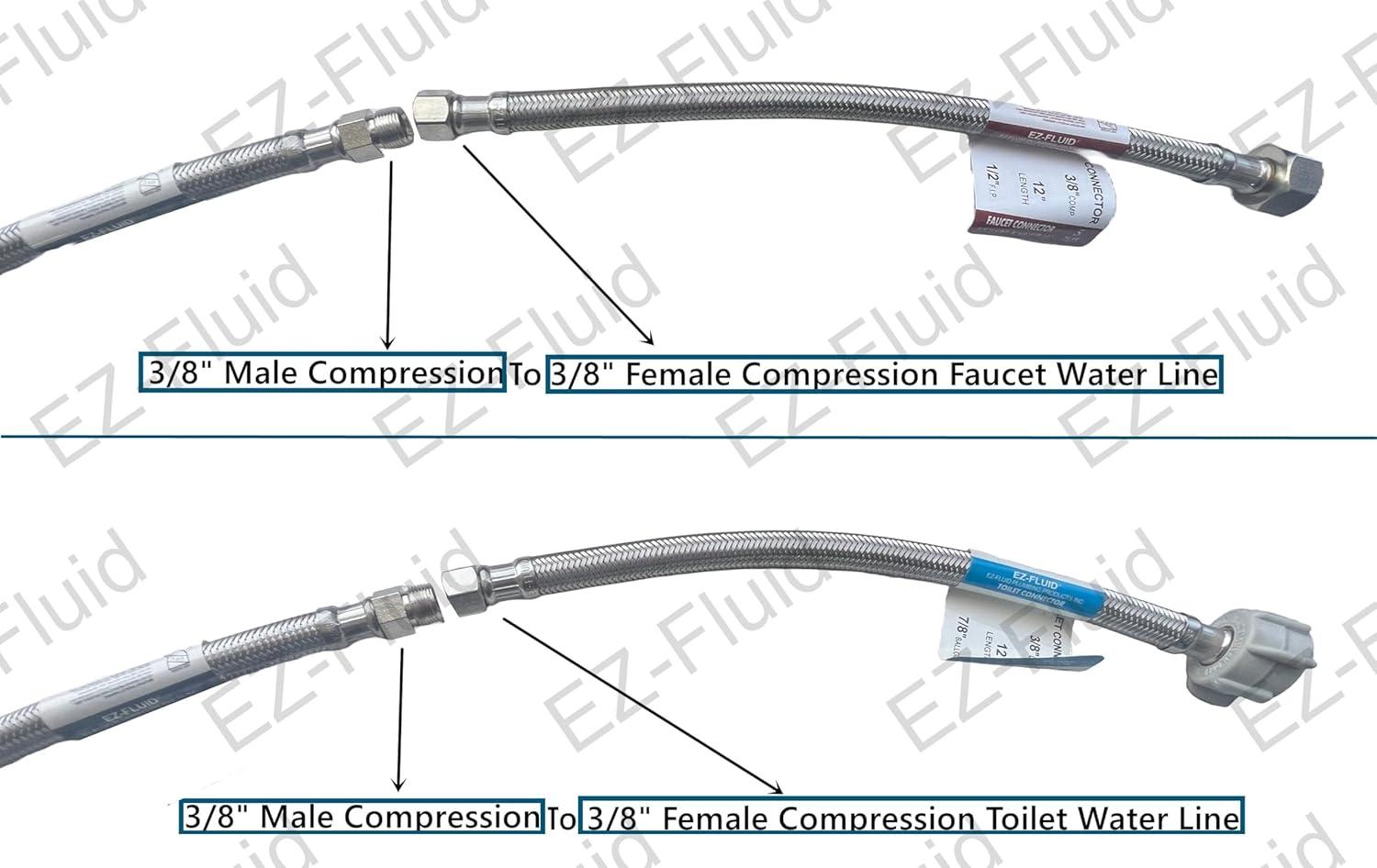 12" Faucet Supply Line Extension, 3/8" Male Comp x 3/8" Female Comp Stainless Steel Faucet Extension Hose Connector for Large Sink Longer Distance Extention, 1 Pack