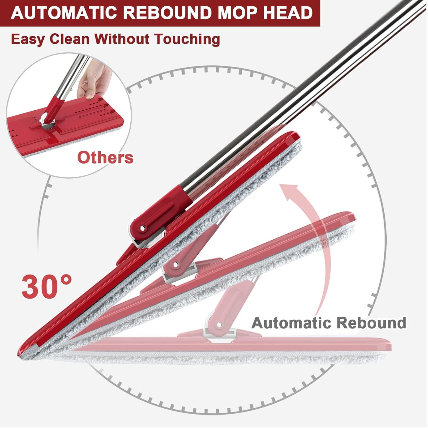 BOSHENG Hands-Free Mop and Bucket Set with 3 Washable Pads, Wet/Dry Floor Cleaning System, Red/Black