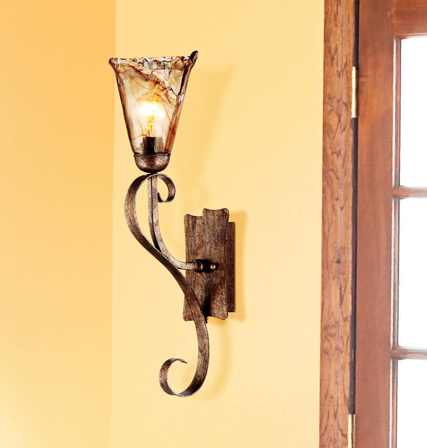 Franklin Iron Works Amber Scroll Rustic Wall Light Sconce Bronze 5 1/2" Fixture Art Glass Shade for Bedroom Bathroom Vanity Reading Living Room House