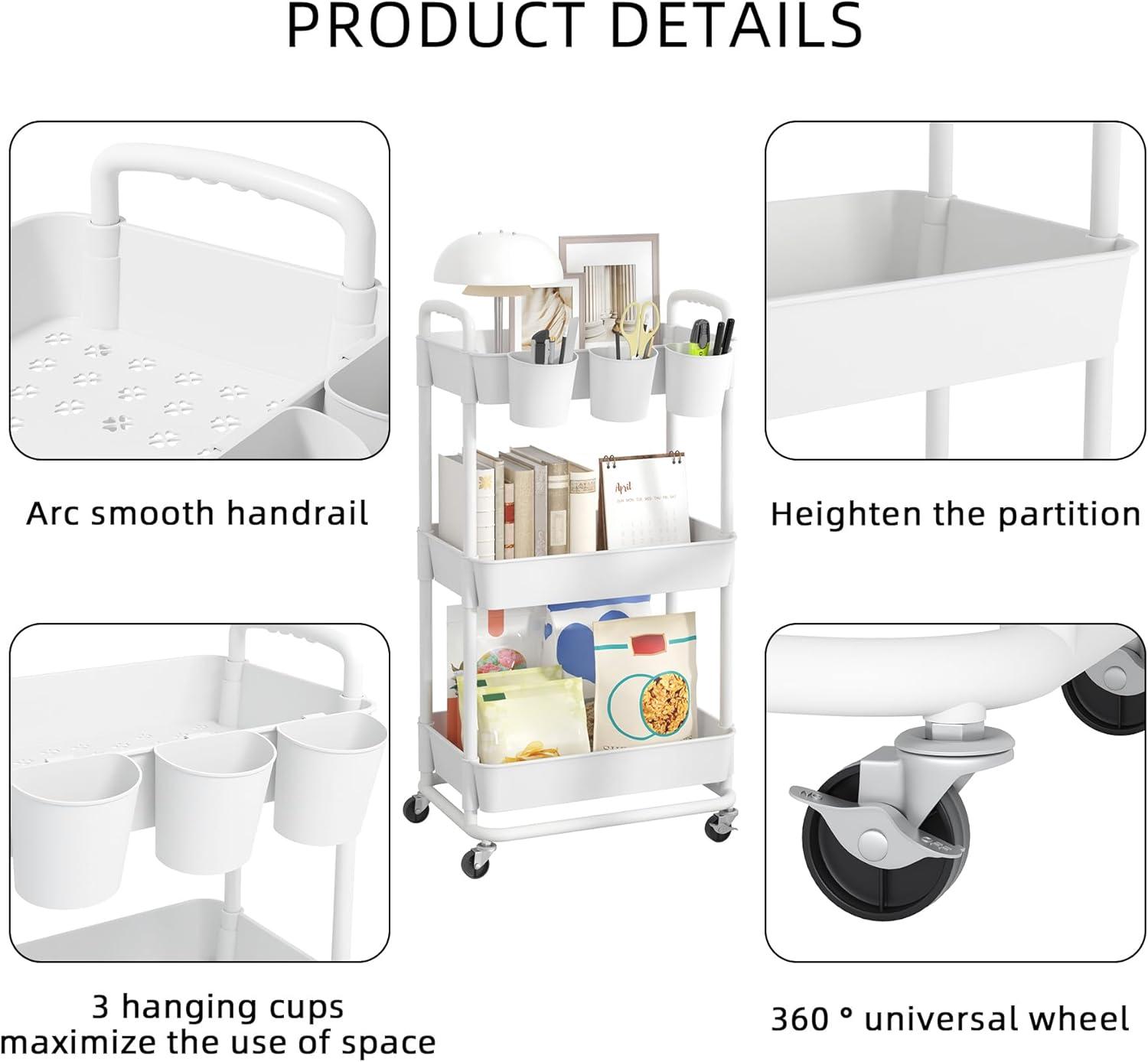 JIUYOTREE 4-Tier Plastic Rolling Storage Cart Utility Cart with Extra Hanging Cups Handles Lockable Wheels for Living Room Bathroom Kitchen Office Green