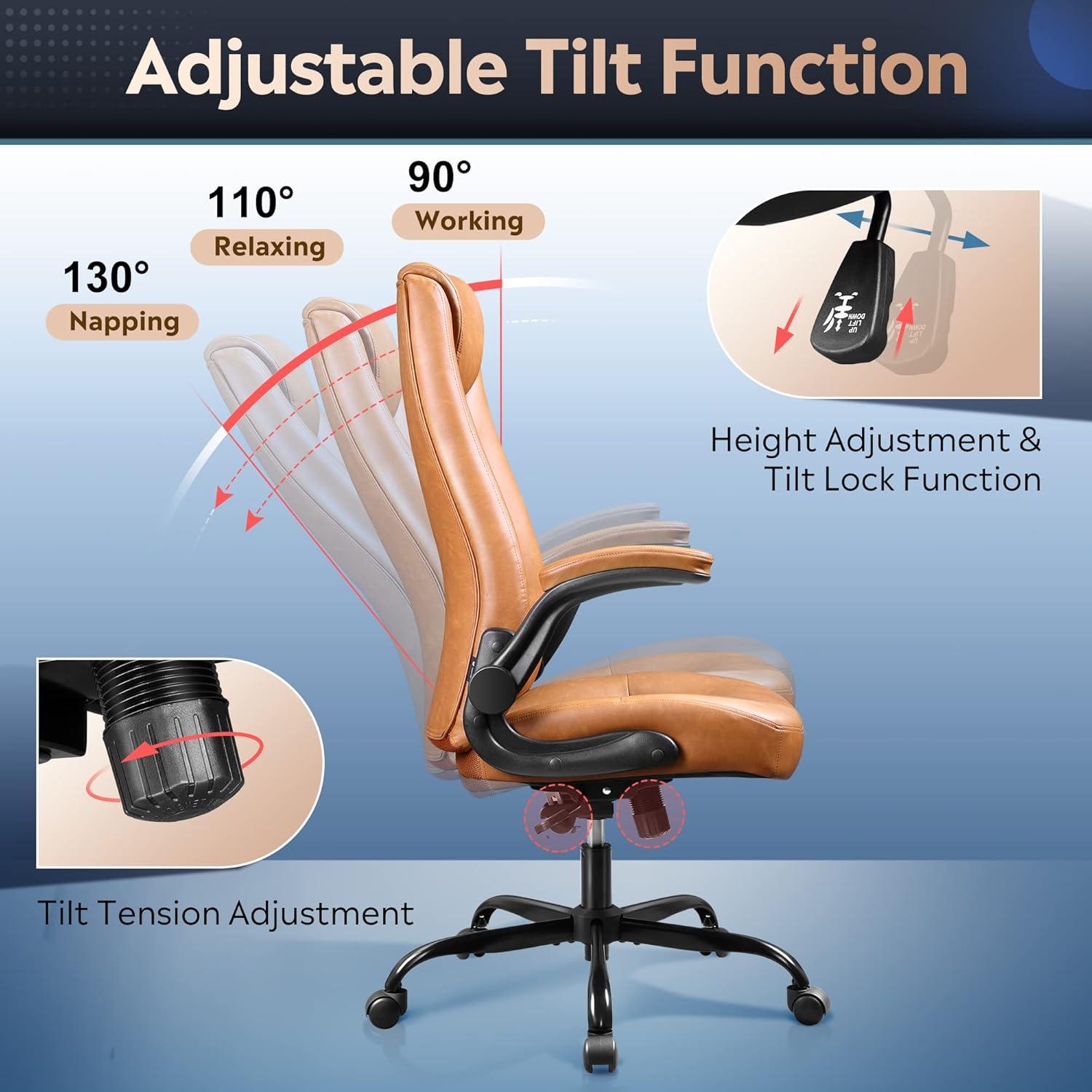 DEVAISE Executive Chair Computer Office Chair, High Back Ergonomic Desk Chair with Adjustable Flip-up Armrests, Lumbar Support and Thick Headrest, Brown