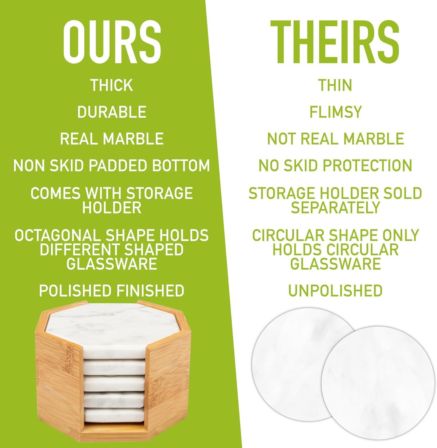 D'Eco White Carrara Marble Coasters w/ Bamboo Holder - Set of 5 - Tabletop Protection- Fits Any Size Wine Glass, Cup, Mug - Great Mother's Day Gift