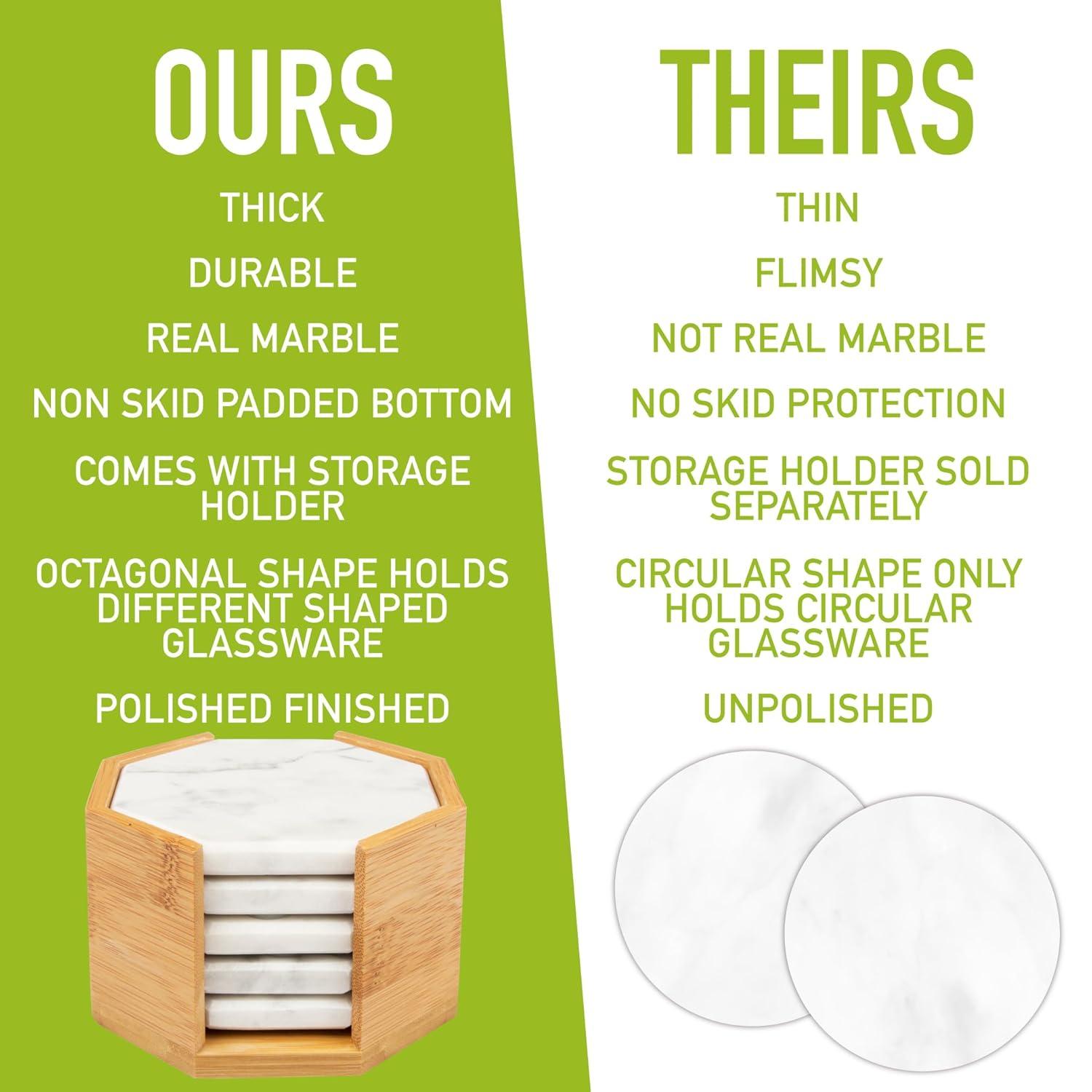 D'Eco White Carrara Marble Coasters w/ Bamboo Holder - Set of 5 - Tabletop Protection- Fits Any Size Wine Glass, Cup, Mug - Great Mother's Day Gift