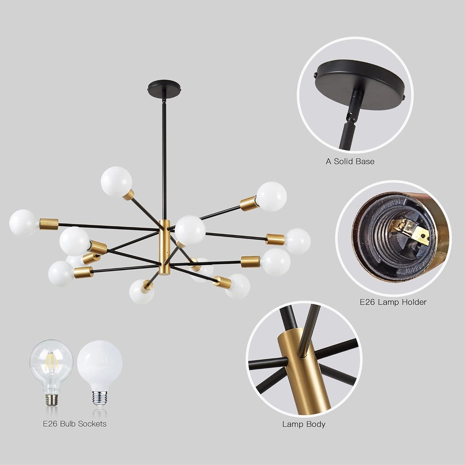 Modern Sputnik Chandelier Ceiling Light Fixture 12-Light E26 Industrial Chandeliers Black Gold Farmhouse Chandelier Height Adjustable Chandeliers for Dining Room, Living Room, Kitchen Island