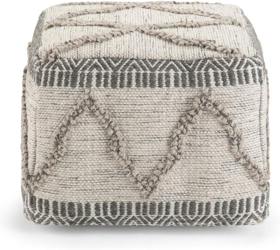 Sweeney Boho Handloom Woven Wool-Cotton Square Pouf in Grey Natural