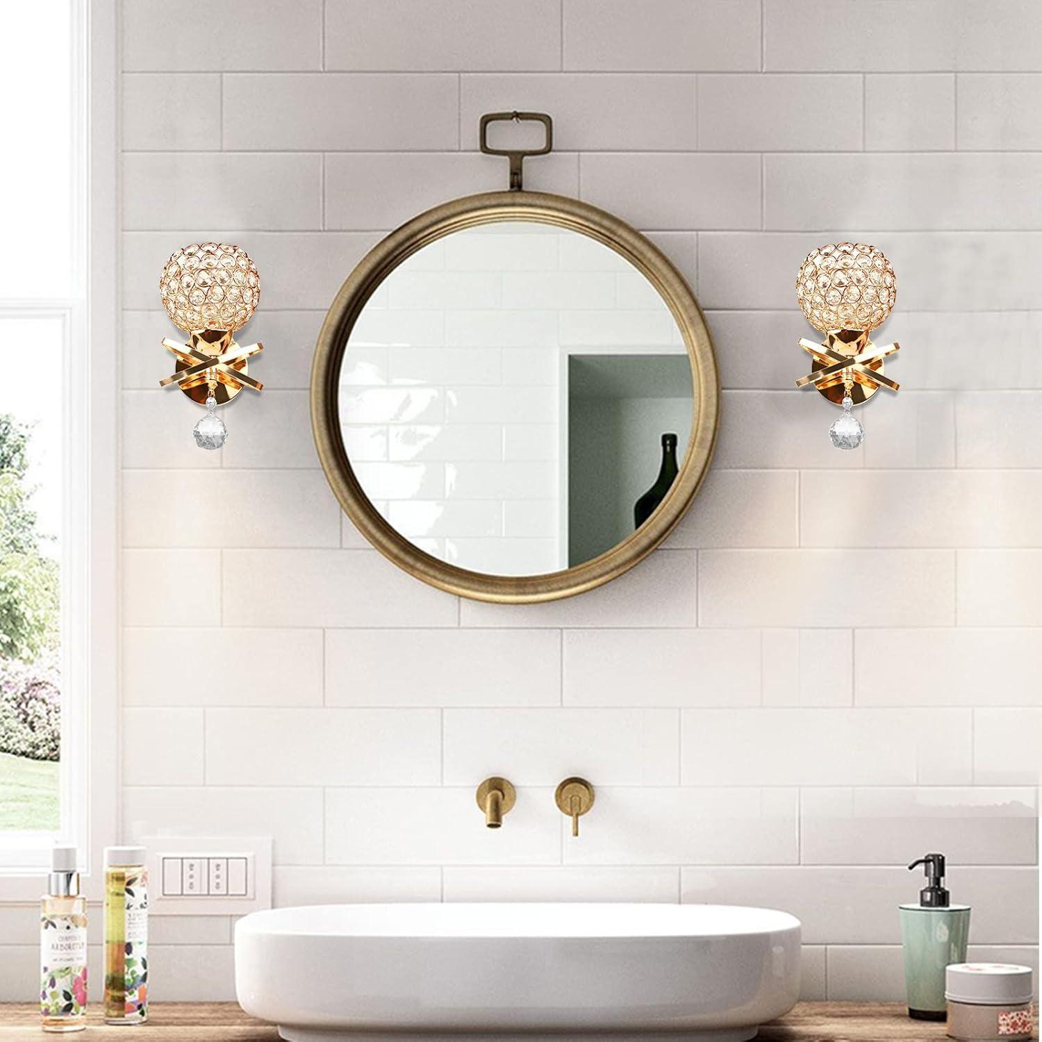 Gold Wall Sconces Set of Two, Modern Crystal Wall Light with E26 Socket Hardwired Sconces Wall Lighting Bedside Wall Lamp Crystal Decor Wall Mount Light Fixture for Living room, Bedroom, Hallway