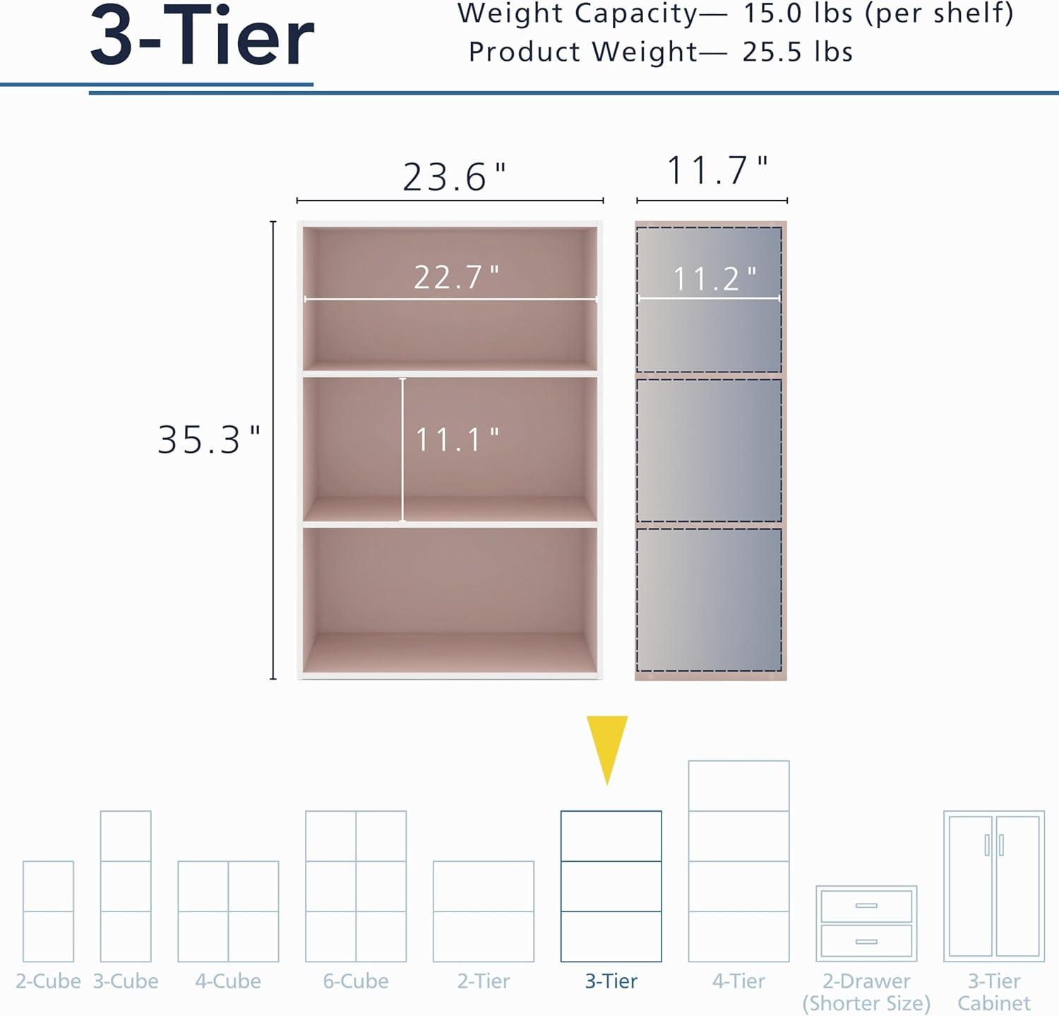 24/7 Shop At Home 35.3" Silkpath Modern 3 Tier Stackable and Modular Bookcase Light Pink