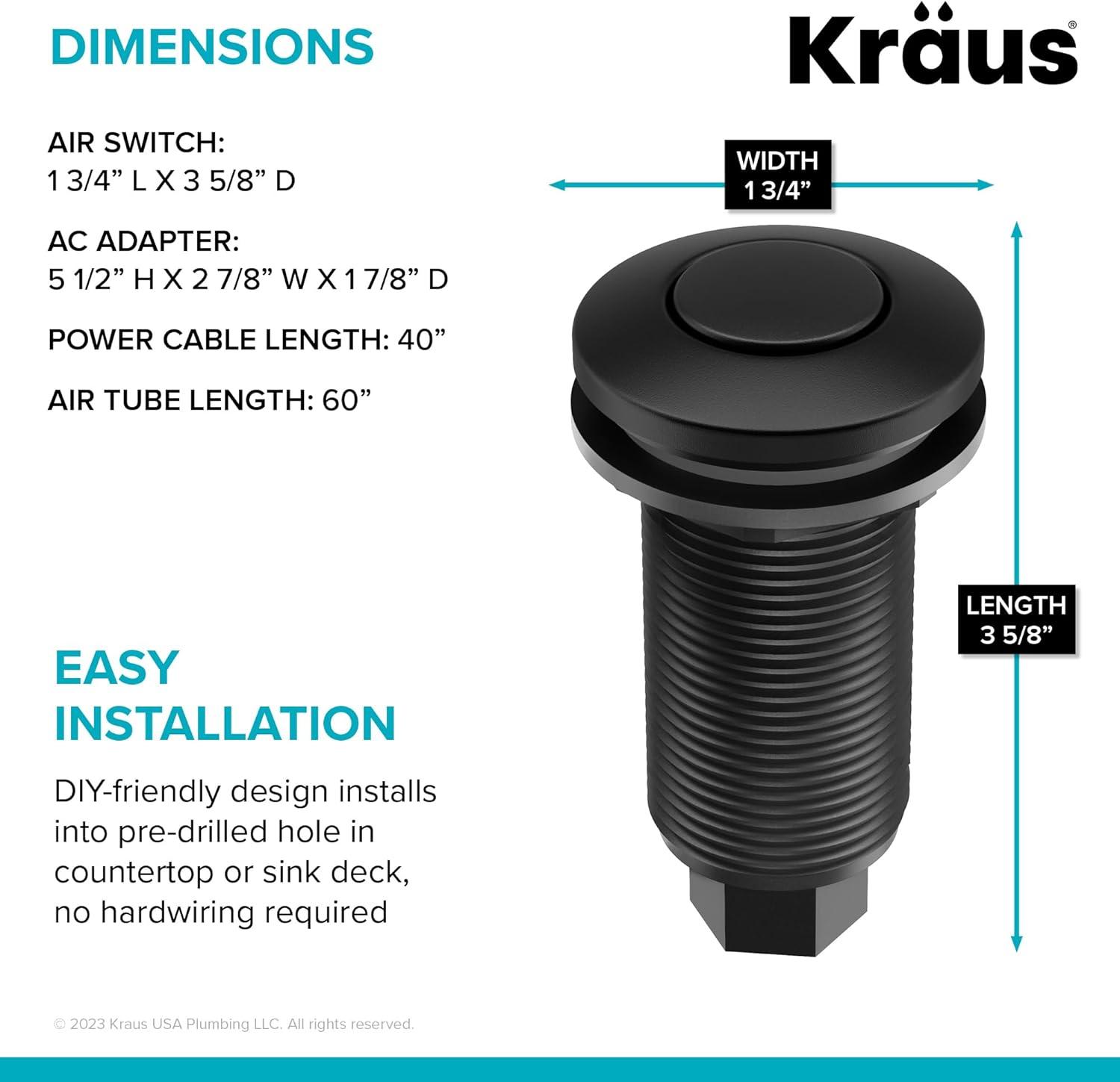 KRAUS Garbage Disposal Air Switch Kit with Push Button, AC Adapter, Power Cord, and Air Tube Included