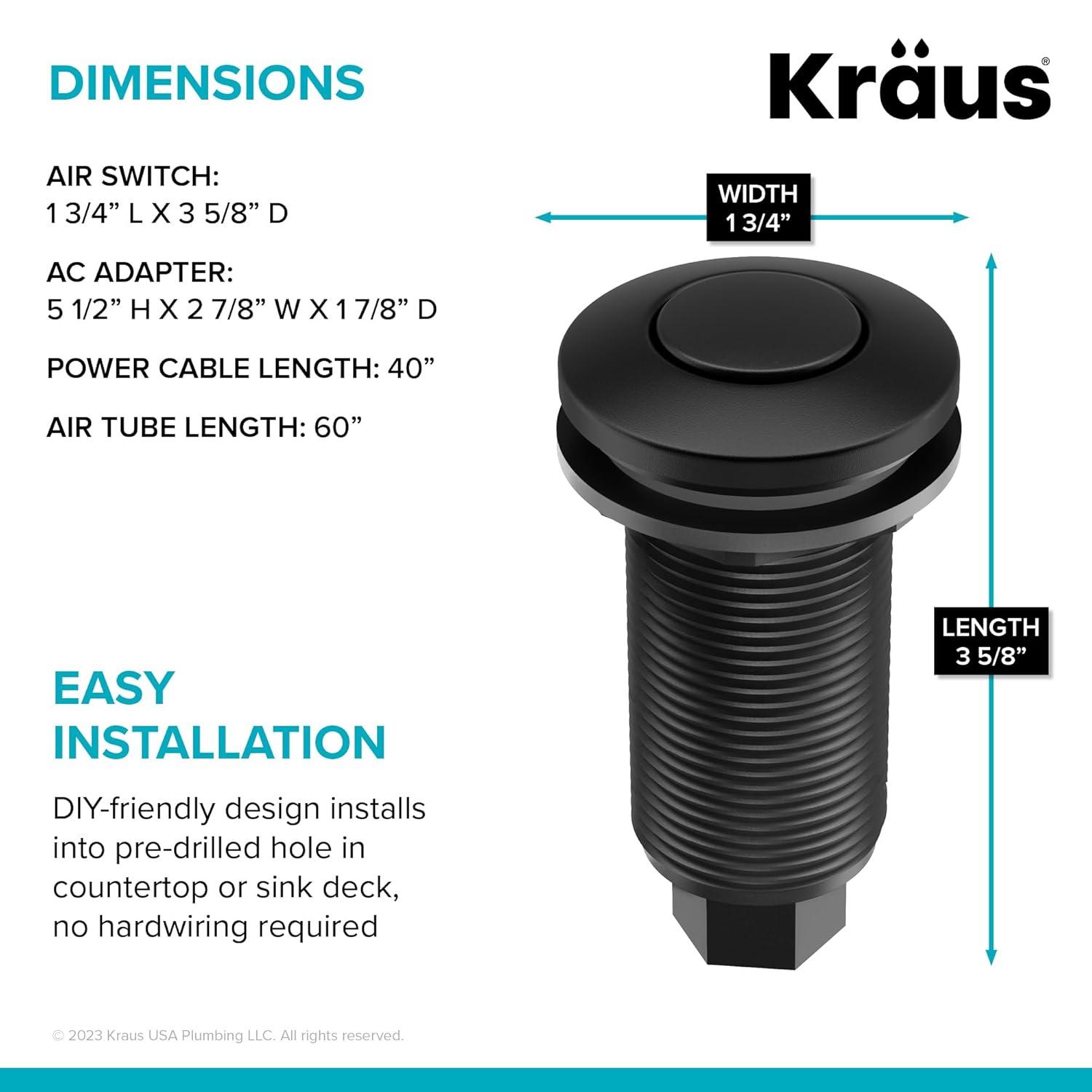 Kraus KRAUS Garbage Disposal Air Switch Kit with Push Button, AC Adapter, Power Cord, and Air Tube Included