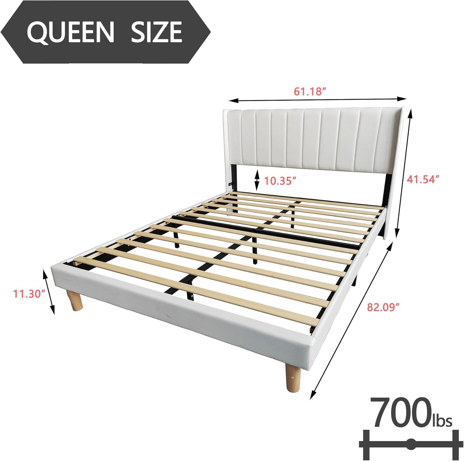 Alazyhome  Upholstered Platform Bed Frame No White Linen Queen