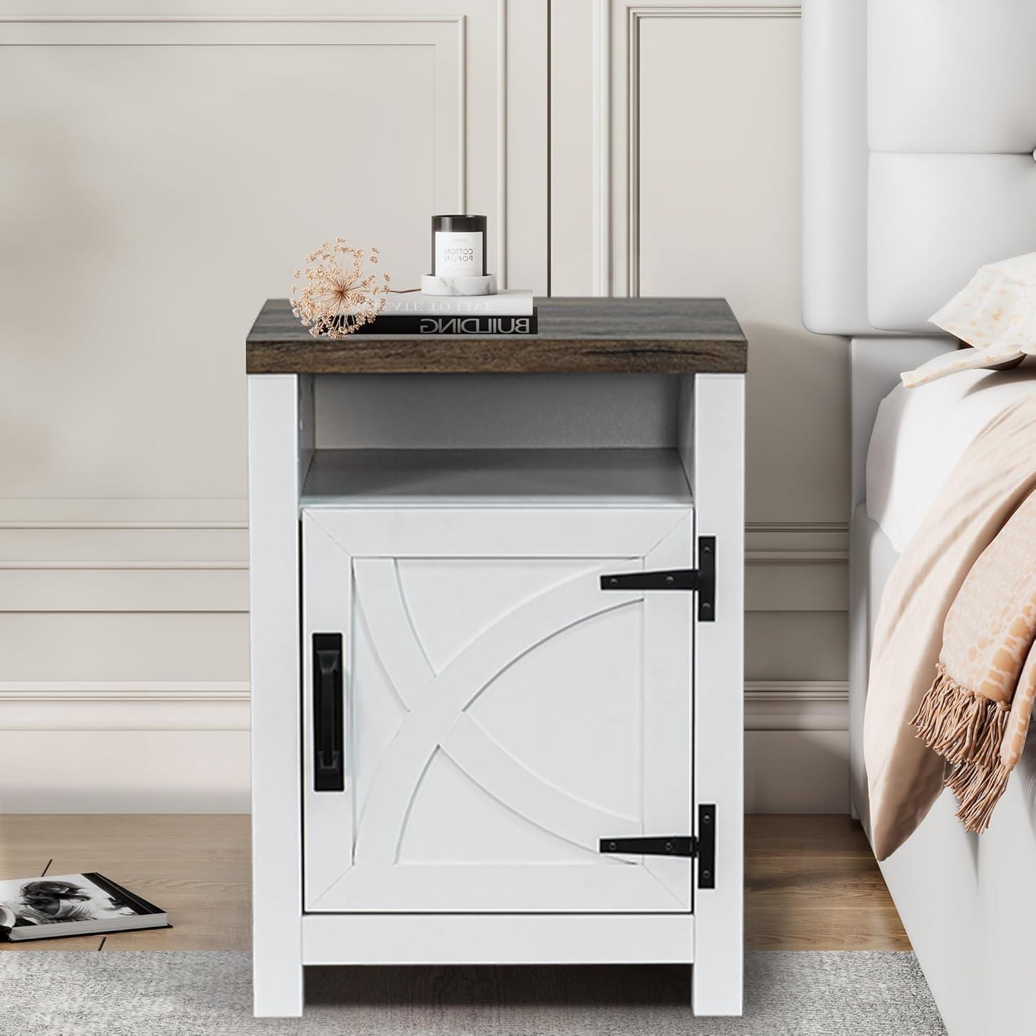 Wood Nightstands with Charging Station End Table Bedside Tables with Barn Door