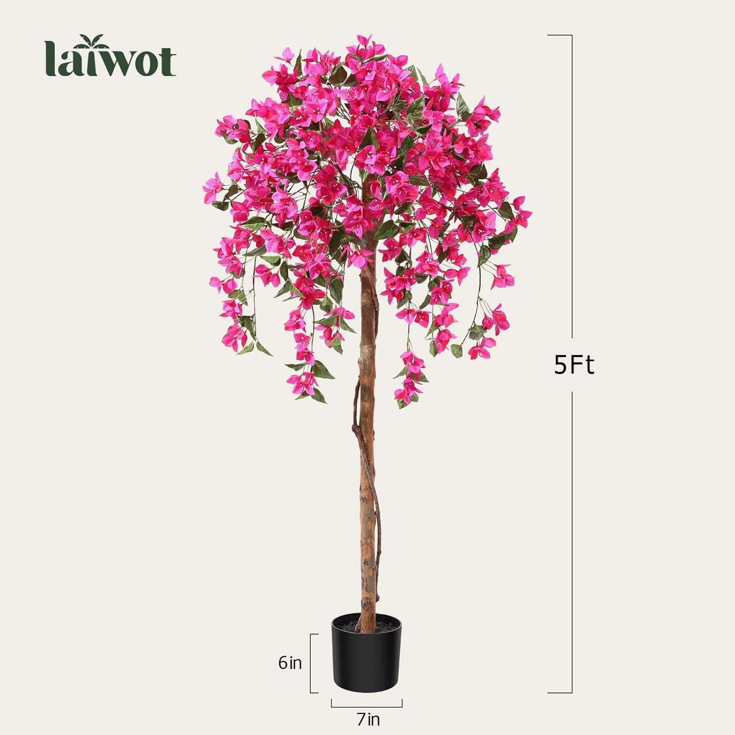 5FT Artificial Bougainvillea Tree Potted Fake Plant with Wood Trunk and Pink Flowers for Indoor Office Wedding Home Decor