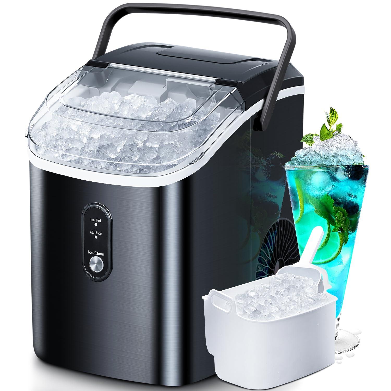 Compact Black Stainless Steel Nugget Ice Maker with Scoop