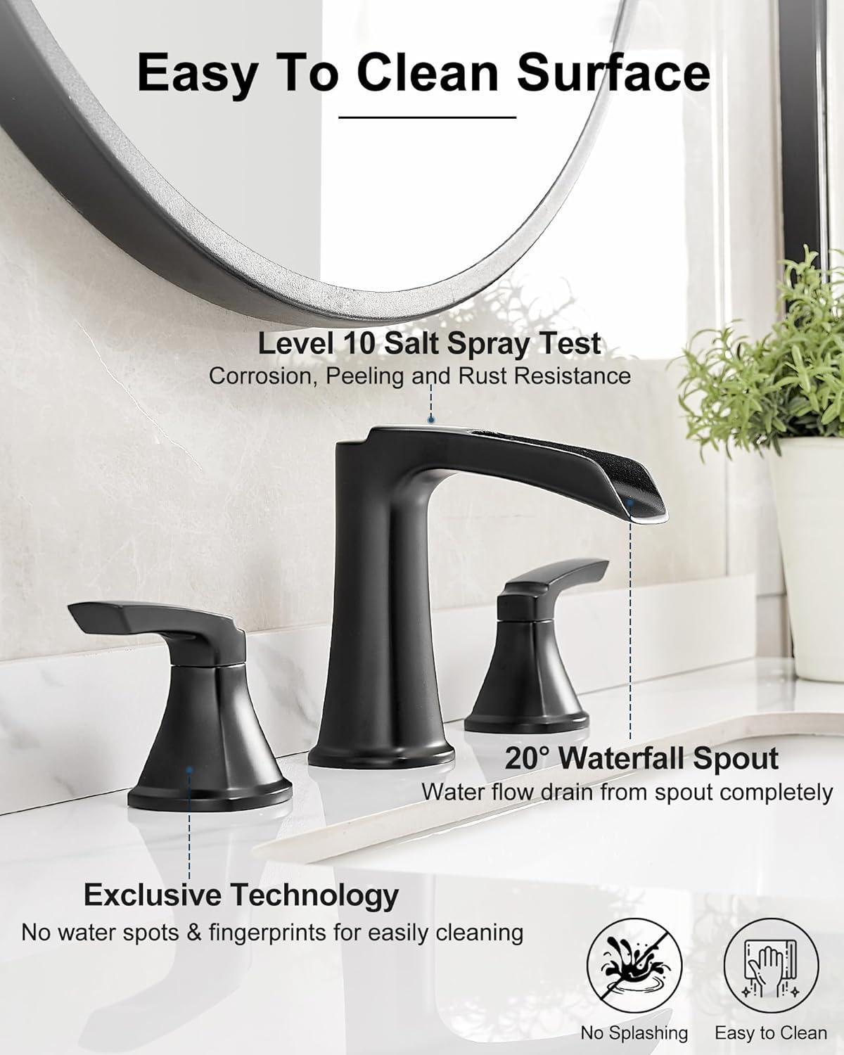 Bathroom Faucet 3 Hole Black, 8 inch Widespread Bathroom Faucet Waterfall Face Basin Faucet for Bathroom Sink, Matte Black (A.Matte Black)