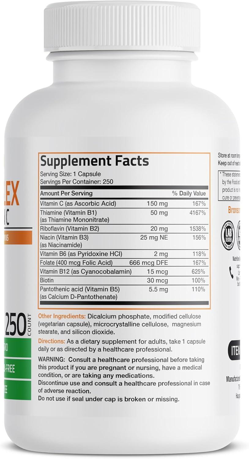 Bronson Vitamin B Complex with Vitamin C - Immune Health, Energy Support & Nervous System Support - NON-GMO, 250 Vegetarian Capsules