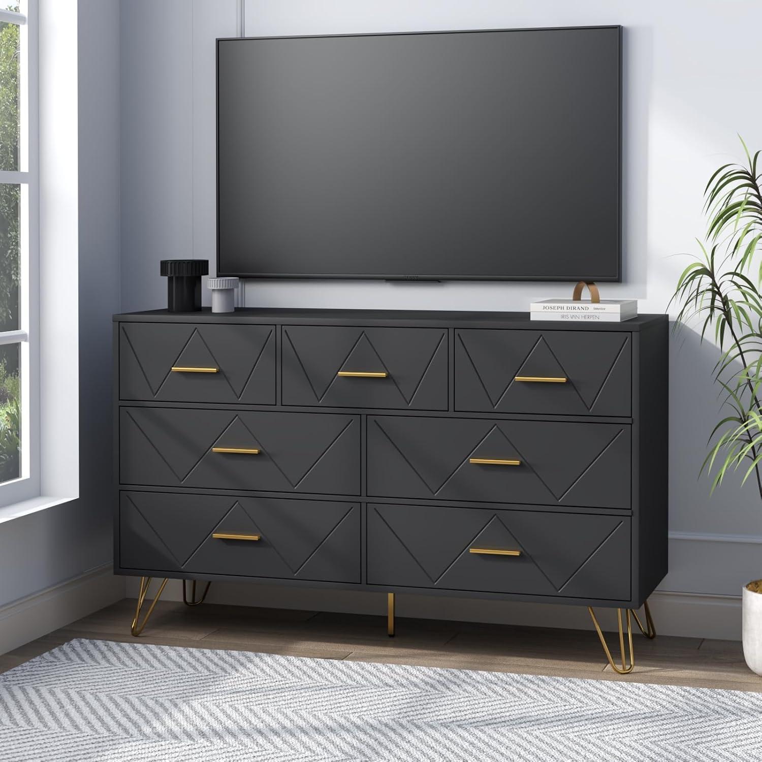 RESOM 7 Drawers Dresser for Bedroom, Black Dresser with Golden Legs & Handles, Wooden Chest of Drawer, Modern Dresser for Living Room, Hallway, Nursery