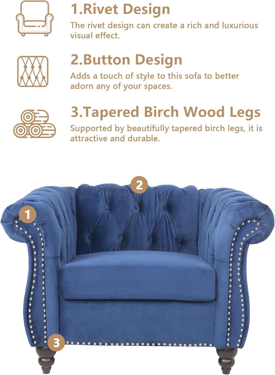 Blue Velvet Chesterfield Accent Chair with Wood Legs