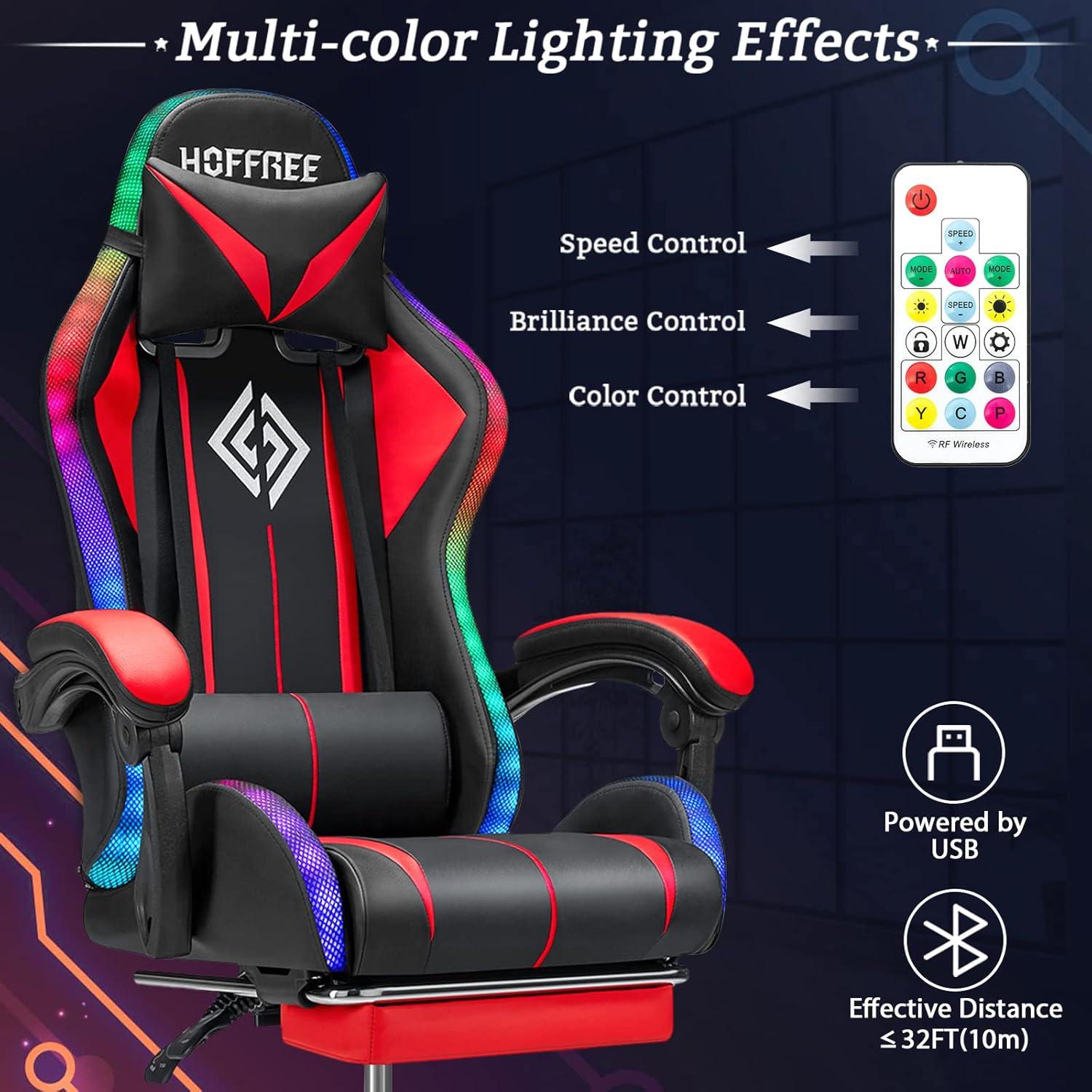 Hoffree Hoffree Massage Ergonomic Gaming Chair with Bluetooth Speakers and RGB LED Lights