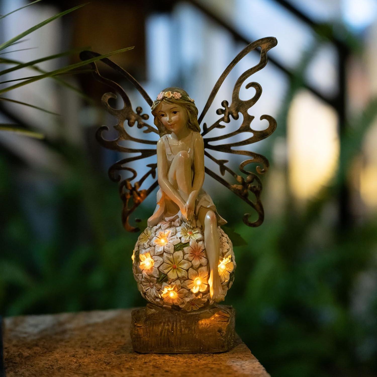 Solar Powered Resin Flower Fairy Garden Statue, 9.45 Inches Tall