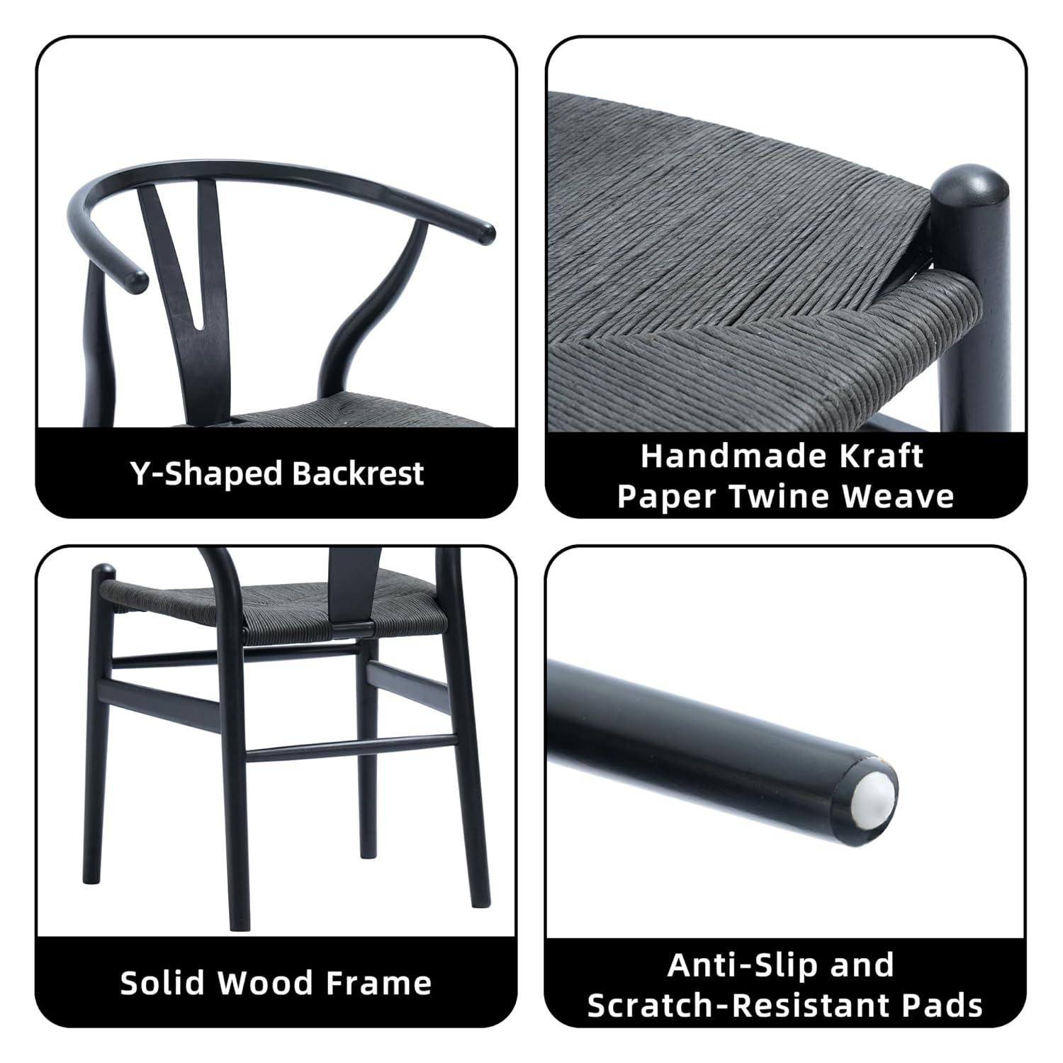 2xhome Set of 2 Wishbone Solid Wood Armchairs with Arms Open Y Back Farmhouse Dining Office Chairs with Woven Black Seat, Black
