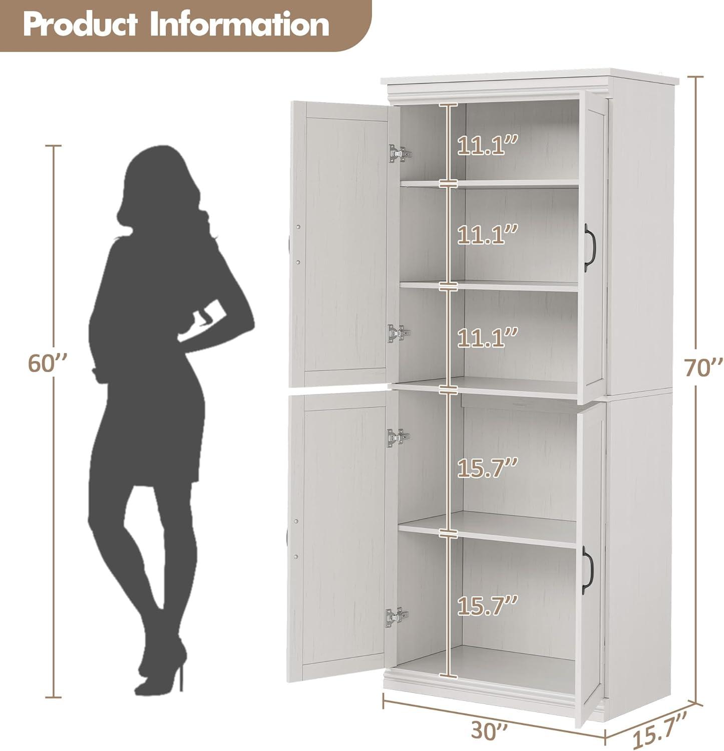 Ataucjin 70" Tall Kitchen Pantry Cabinet, Freestanding Cupboard Kitchen Pantry Storage Cabinet, Freestanding Cupboard with Doors and Adjustable Shelves, for Bathroom, Dining Room, Living Room