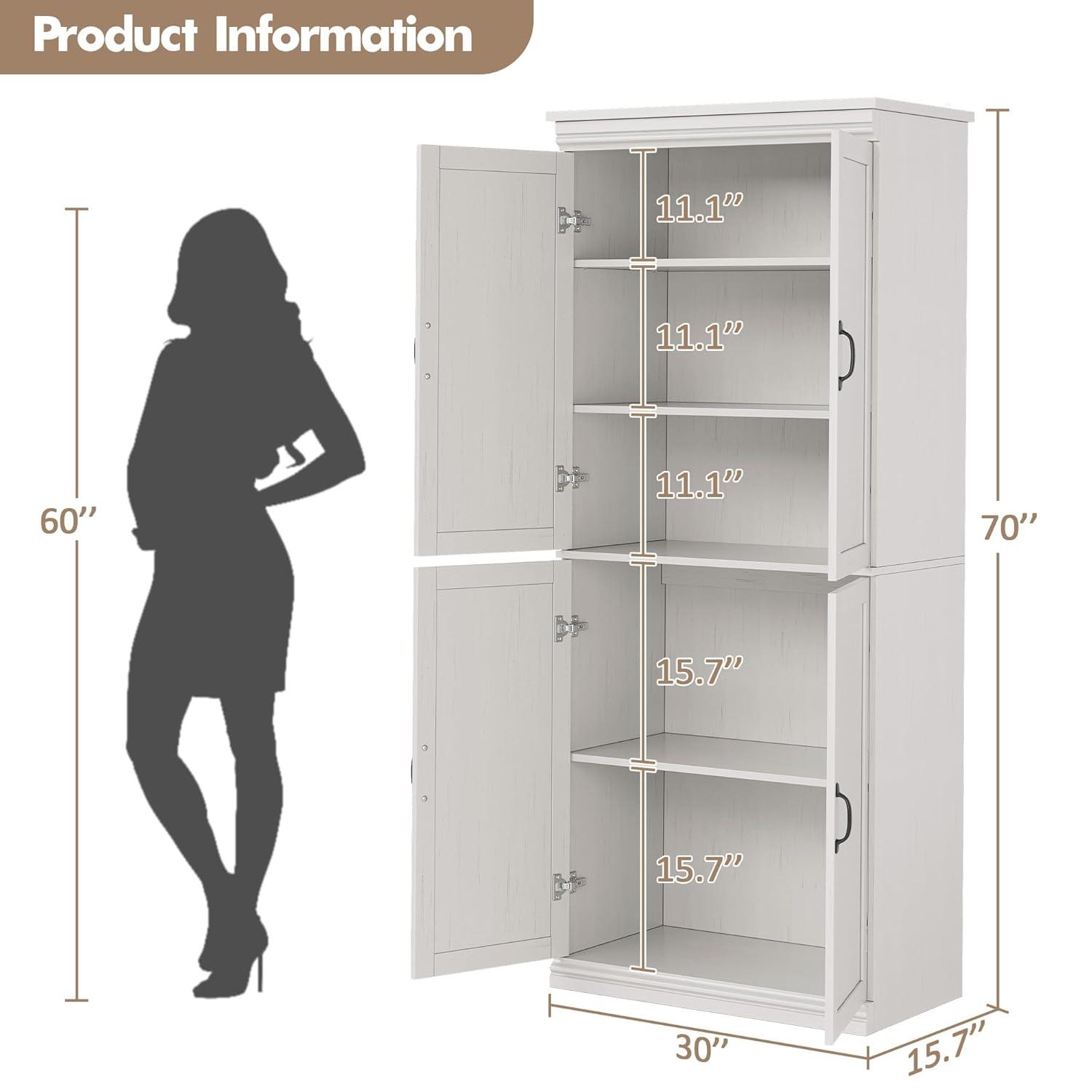 Ataucjin 70" Tall Kitchen Pantry Cabinet, Freestanding Cupboard Kitchen Pantry Storage Cabinet, Freestanding Cupboard with Doors and Adjustable Shelves, for Bathroom, Dining Room, Living Room