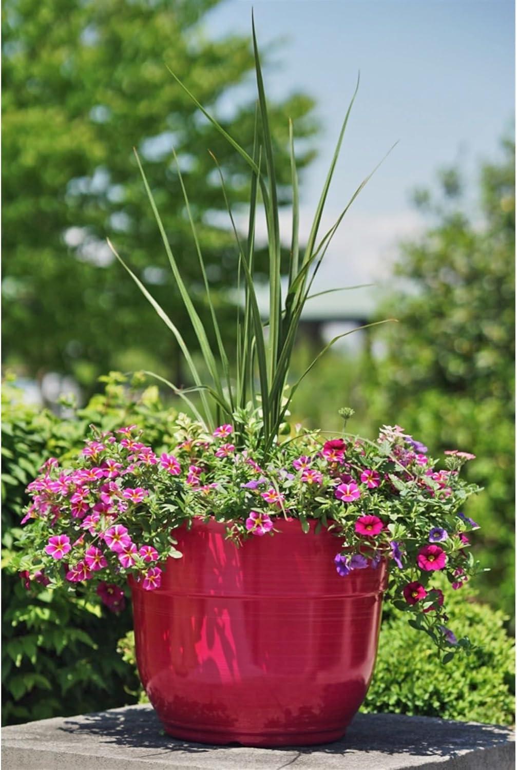 Garden Elements Indoor/Outdoor Glazed Brushed Happy Plastic Planter, Large, Bright Pink, 15"