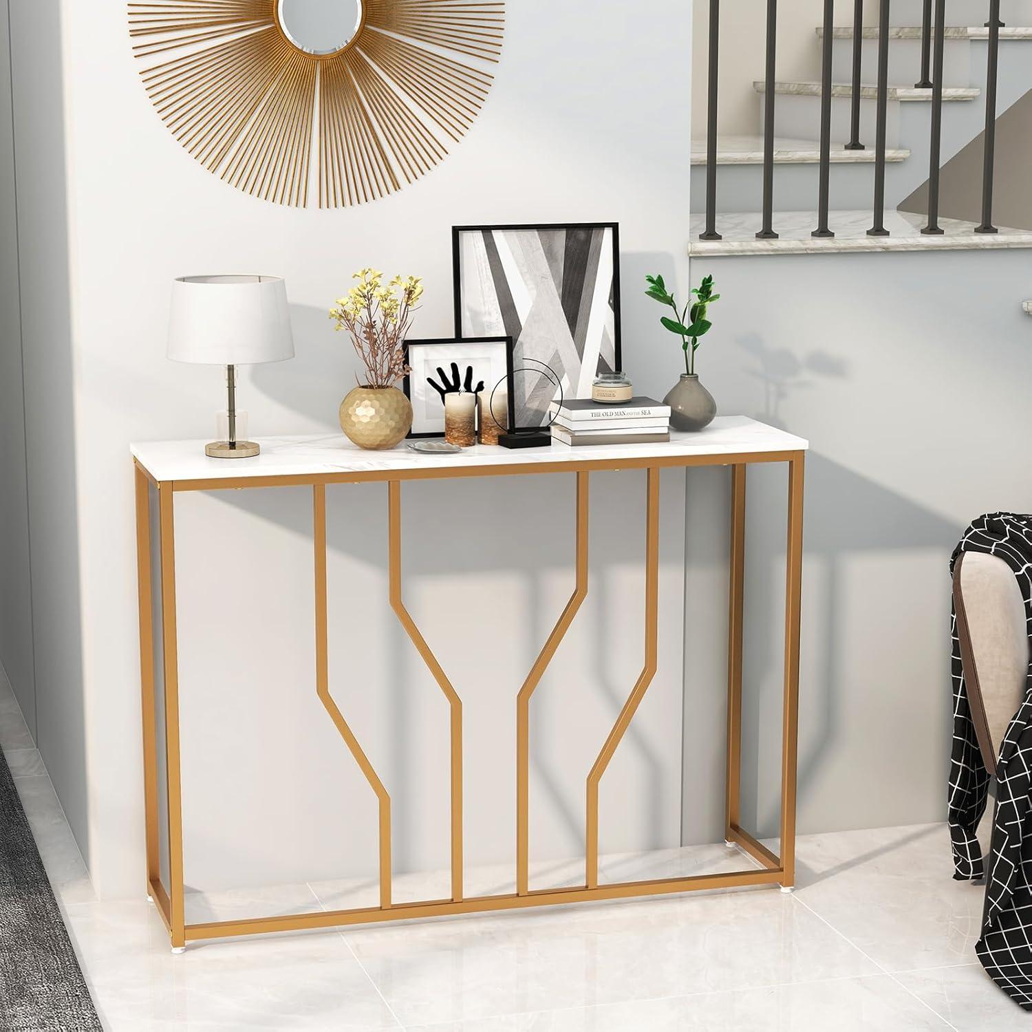 Kadyn Console Desk Table, Console Table, Entryway Table, Side Table, Display Table, 44 Inch Modern White Entryway Table with Faux Marble Tabletop-White