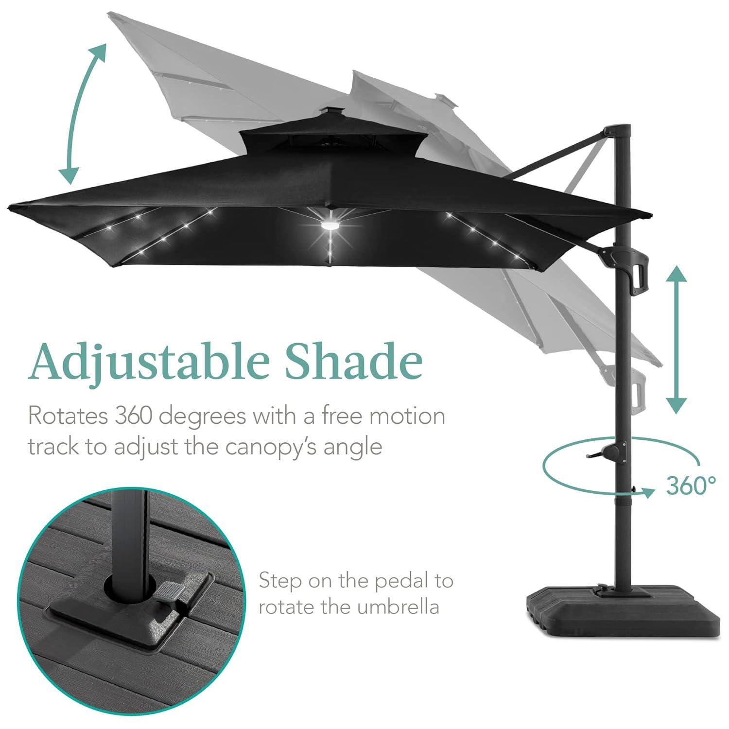Arlmont & Co. Ronessa 10x10ft 2-Tier Square Outdoor Solar LED Cantilever Patio Umbrella w/ Base Included