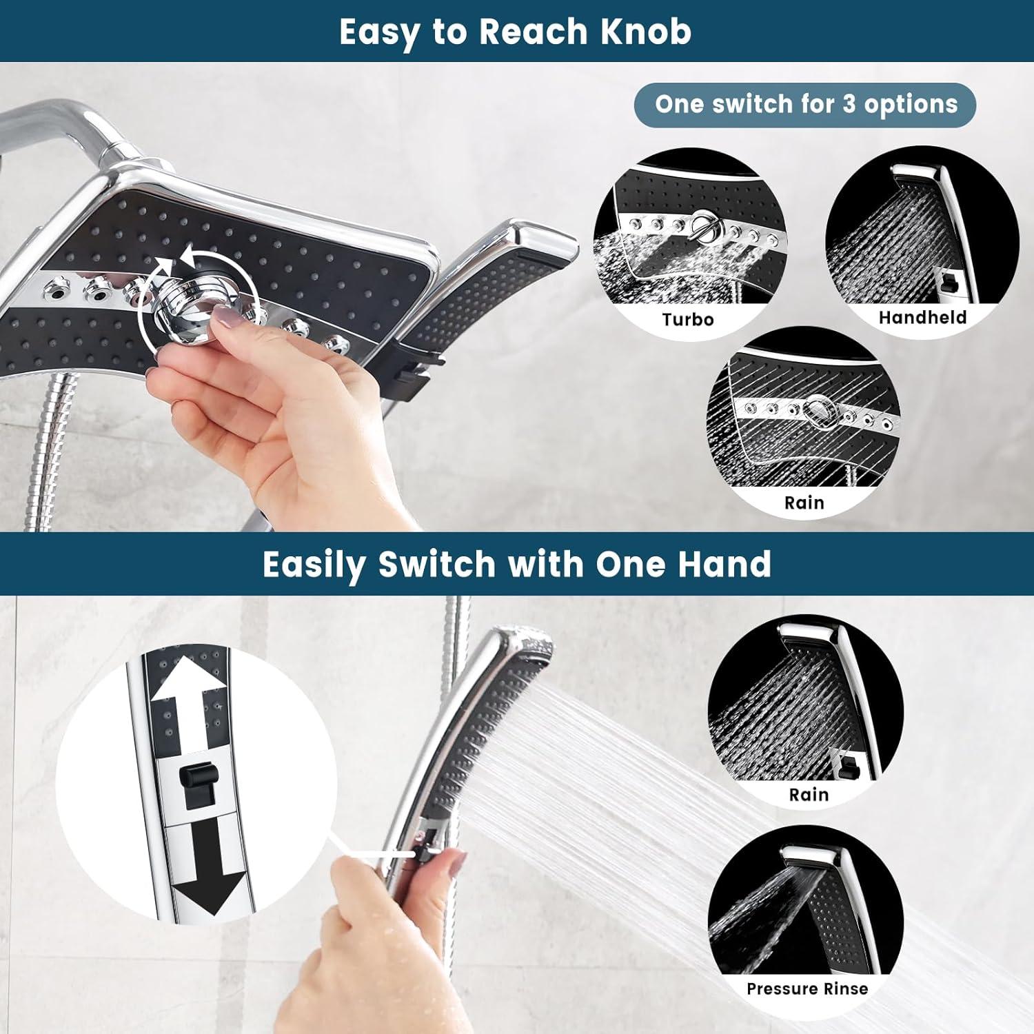 BRIGHT SHOWERS Dual Shower Head Combo Set, Handheld Showerhead Rainfall Shower Head Combo with Black Face, 60 Inch Long Stainless Steel Shower Hose, Chrome