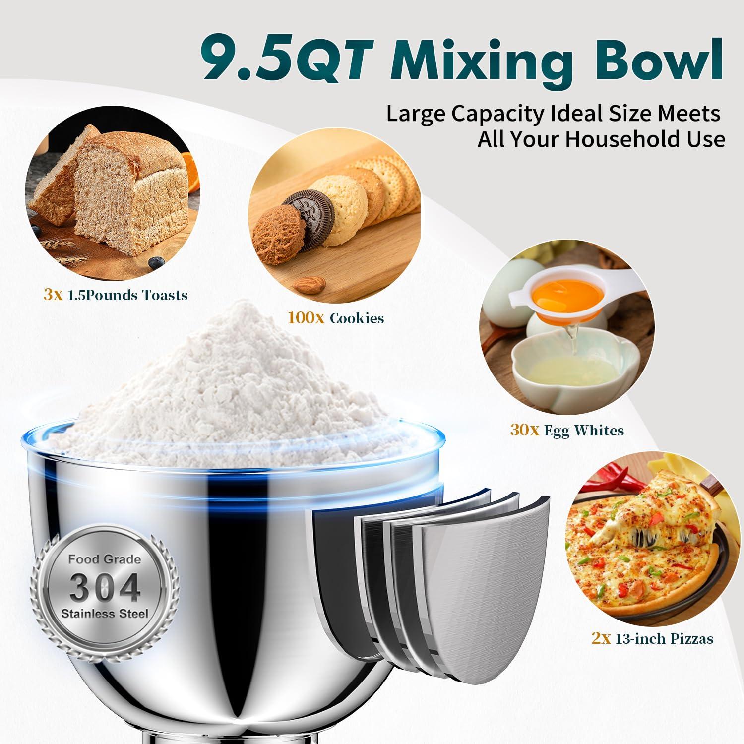 COOKLEE Stand Mixer, 9.5 Qt. 660W 10-Speed Electric Kitchen Mixer with Dishwasher-Safe Dough Hooks, Flat Beaters, Wire Whip & Pouring Shield Attachments for Most Home Cooks, Champagne