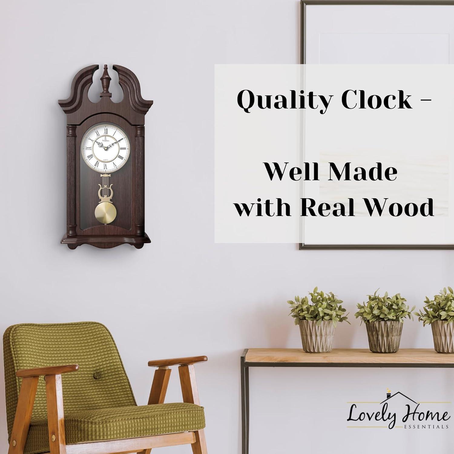 Pendulum Wall Clock, Silent Decorative Wood Pendulum Clock with Swinging Pendulum, Battery Operated, Dark Wooden Design, for Living Room, Dining Room, Kitchen, Office & Home Décor, 23.5x9.25 Inch