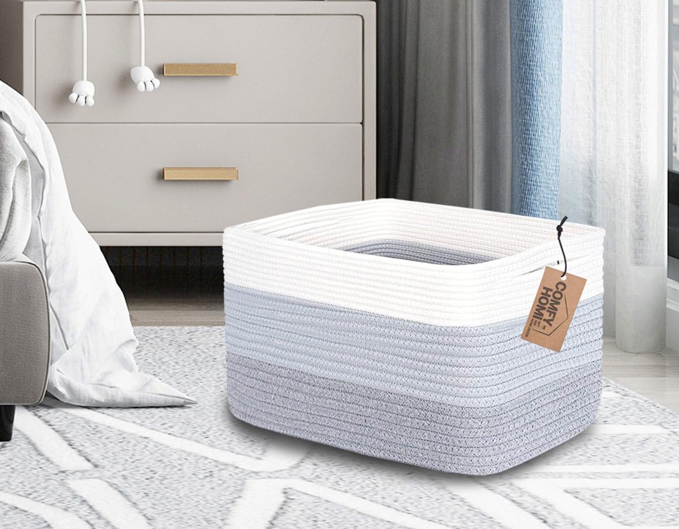 White and Gray Cotton Rope Rectangular Storage Basket