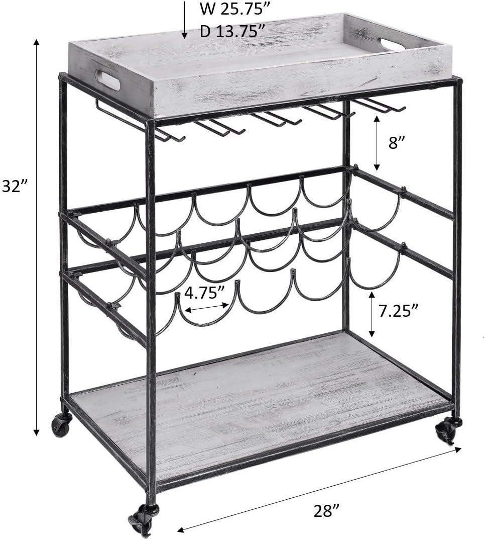 Old Dutch International Avalon Wine/Serving Cart 28" x 16" x 32" Antique Pewter, Barnwood Gray Stained Rubberwood 612BP